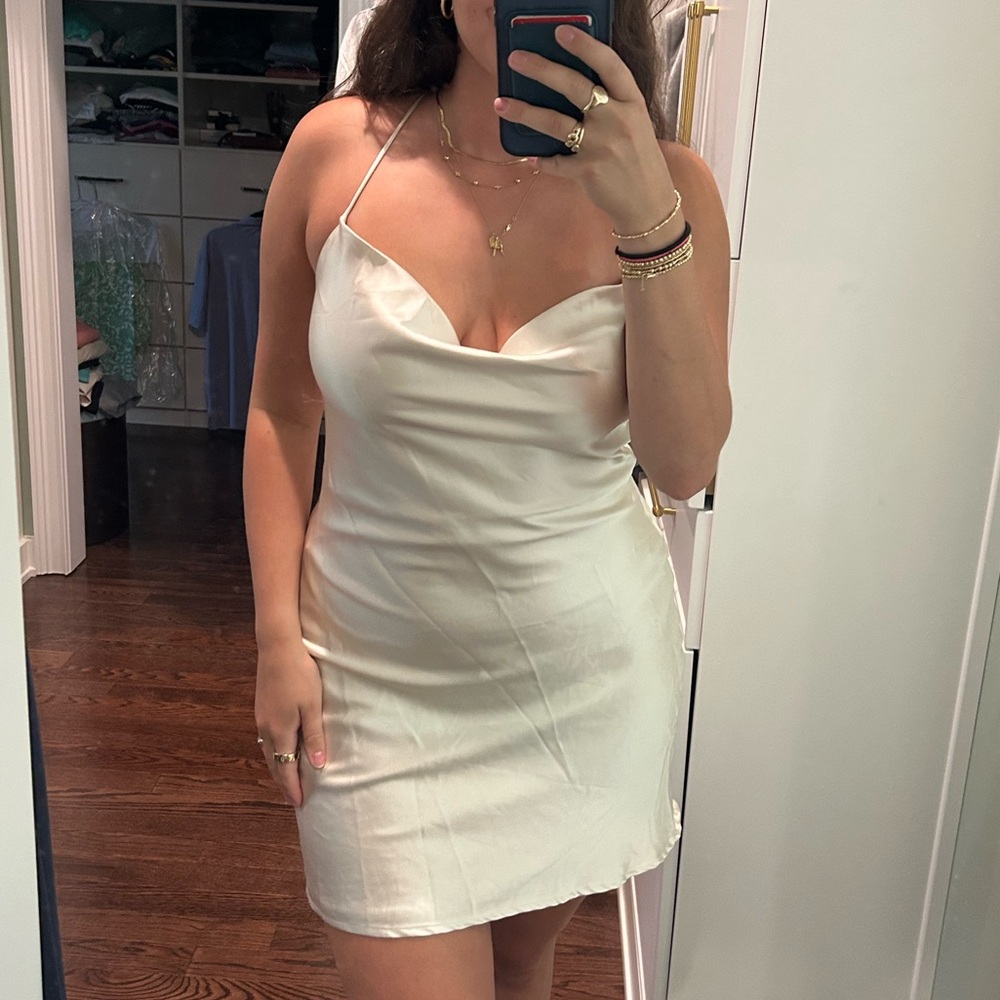 Le Lis Cream Slip Dress Satin Cowl Lace Back Mini Large